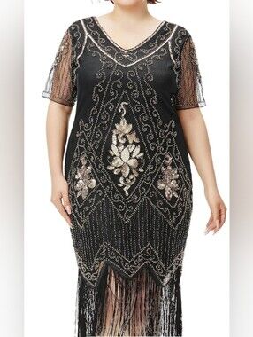 Plus Size Black Beaded Fringe Midi Dress with Metallic Floral Embellishment